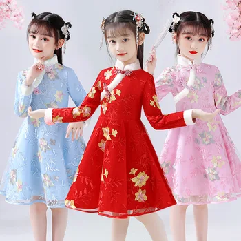 Zimná Fleece Tanečné Šaty Princezná Dievčatá, Deti Retro Tang Han Šaty Číne Nový Rok Festival Kostýmy Strany Svadobné, Plesové Šaty