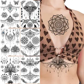 Black Mandala Henna Dočasné Tetovanie Pre Ženy, Dievčatá Slon Motýľ Veľryba Prívesok Lotus Falošné Nálepky Hrudníka A Ramena Tatoos Strany
