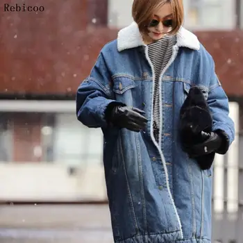 ženské bunda Ženy Teplé Zimné Dlhý Rukáv Denim Jacket Dlho Jean Kabát Outwear Kabát žena bunda