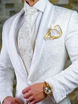 Zákazku Muži Obleky, Biele Vzor Ženícha Tuxedos Šatkou Klope Groomsmen Svadbu Najlepší Muž 2 Kusy ( Bunda+Nohavice+Kravatu )