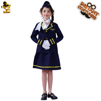 Dievča letuška Šaty Maškarný Party Deti Vzduchu Hosteska Cosplay Kostým Blue Air Šaty pre Halloween