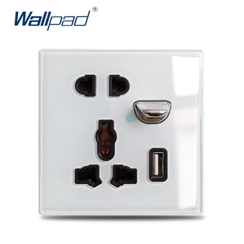 Wallpad L6 EÚ UK Univerzálny Switched 5 Otvorov Sieťovej Zásuvky USB Nabíjací Port 2.1 elektrickej Zásuvky, Modrý LED Indikátor Biele Sklo Panel