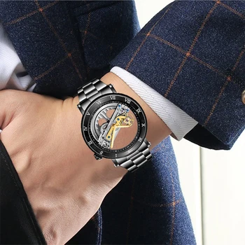 BOLYTE Pánske Klasické Čierne Transparentné Kostra Automatické Mechanické Hodinky Muž Svietiace Ručičky Nerezová Oceľ Remienok Náramkové hodinky