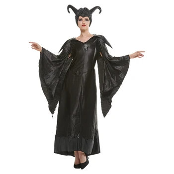 Deluxe Halloween Black Queen Cosplay Kostým Ženy Čarodejnice Šaty s Rohmi Klobúk, Karneval, Veľkonočné Purim Maškarný