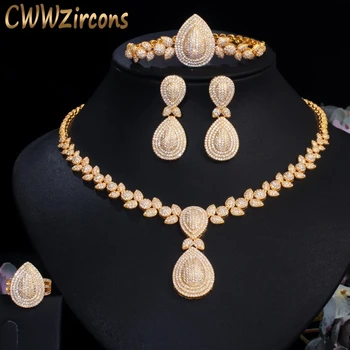 CWWZircons Luxusné 4pcs Svadobné Svadobné Hostiny, Šperky Set Afrického Dubaj Zlatá Farba CZ Ženy Strany Kostým Príslušenstvo T416