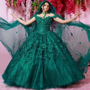 vestidos de xv años Smaragdovo Zelená Quinceanera Šaty S Maskou Lištovanie Kvetinový Mexickej Šestnásť Princezná Prom Šaty