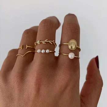 6 Ks/Set Módne Pearl Leaf Geometrické Kruhy Nastaviť Jednoduché Zlatá Farba Prst Prstene pre Ženy, Dámy Beach Party Šperky Darček