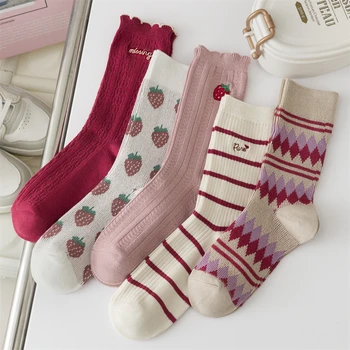 Ružová Jahoda Ponožky Biele Japonskej Módy Bavlna Žena Stripe Ponožky Tlač Roztomilý Pevné Šťastný Ženy Volánikmi Zábavné Vyšívané