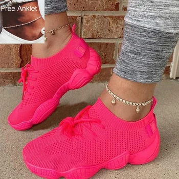 Air Mesh Ženy Sneaker Ponožky, Topánky Letné Priedušná Kríž Kravatu Platformu Kolo Prst Bežné Móda Šport Čipky 2020 Žena Dievča