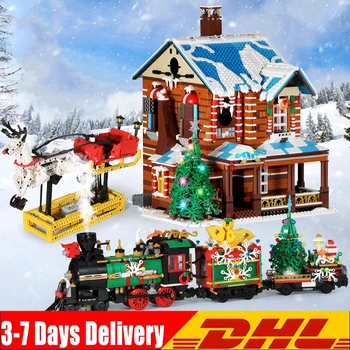 PLESNE KRÁĽ MOC Vianočné Sérii Elektrické RC Sledovať Vlakovej súpravy Zimné Dom Modelu Santa Sane Hračky Deti DIY Nový Rok Darčeky