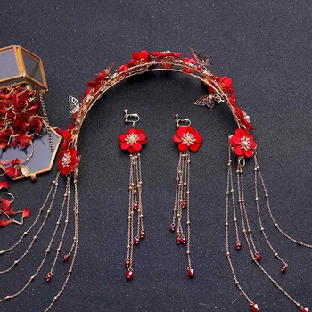 FORSEVEN Čínskej Tradičnej Červená Farba Kvetu Headdress Vlasy Príslušenstvo Ručné Dlhý Strapec hlavový most Náušnice Šperky Sady