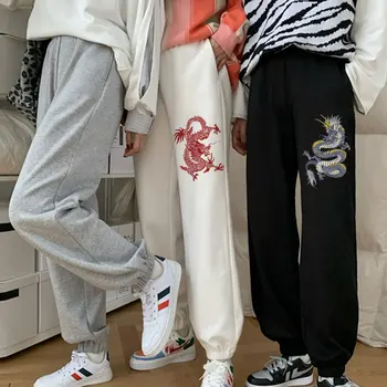 Harajuku Dragon Printe Joggers Tepláky Ženy Nohavice Vysoký Pás Nohavice Streetwear Kórejský Módne Fleece Bežné Femme Jeseň 2021