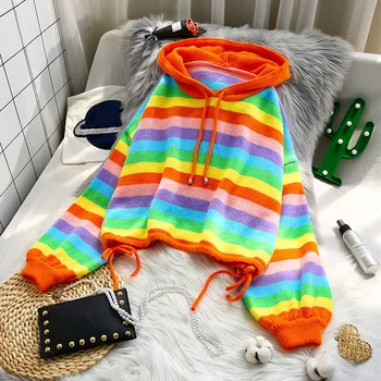 Rainbow pruhovaný sveter žien jesenné a zimné nosenie voľné kapucňou krátke nové kapucňou kórejský pletené bunda trend