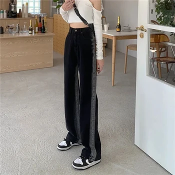 Jeseň Vysoký Pás Čierne Džínsy Prúžok Farebná Mozaika Rovno Voľné Džínsové Nohavice Ženy Plnej Dĺžke Nohavice Streetwear Jean
