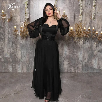 Xijun Black Sequin Rovno Večerné Šaty Milú Dlho Prom Šaty Lístkového Rukávy Saudská Arábia Formálne Party Šaty Pre Ženy