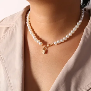 Roztomilý Zliatiny Zámok Náhrdelník Prívesok pre Ženy, Imitácie Perál Choker Náhrdelníky pre Ženy 2019 Módne Šperky Clavicle Reťazca Nové
