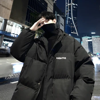 Hong Kong štýl s kapucňou nadol bunda pánske 2022 nové zimné pribrala teplý chlieb bunda voľné čierny plášť mužov