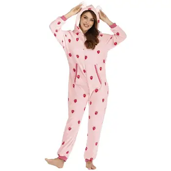 Kigurumi Dospelých Ružové Ovocie Tlač Onesies Pyžamo Halloween Party Kostým Kombinézach S Kapucňou Pyžamá Vyhovovali Oblečenie