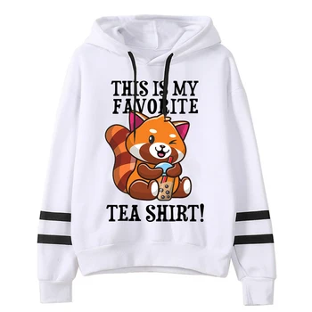 Kawaii Červená Panda To Je Môj Obľúbený Čaj Tričko S Kapucňou, Potlač Ženy Bežné Streetwear Červená Panda Grafické Topy Ženy, Mikiny