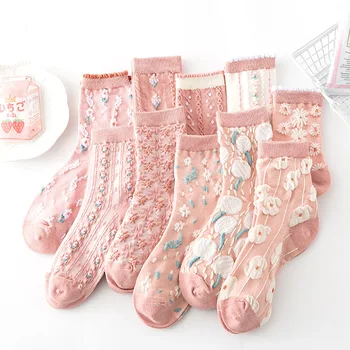 5 Párov Žena Ponožky Harajuku Retro Výšivky Jar Kawaii Roztomilý Lolita Ponožky Čipky Kvet Posádky Calcetines Mujer Vianočný Darček