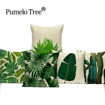 Tropické Rastliny Palmových Listov Zelené Listy Monstera Vankúše Ibištek Kvet Vankúš Dekoratívne Béžová Bielizeň, Obliečky Na Vankúš