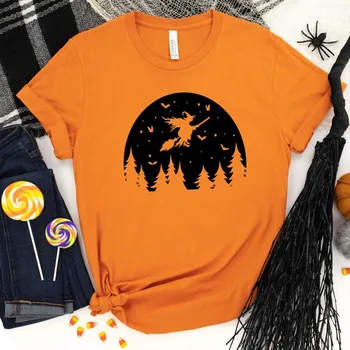 Magický Mesiac Ženy Tričká Bavlnené Orange Black Voľné Tričko Príčinné Krátke Sleve Halloween Čarodejnice Graphic Tee Dropshipping Topy