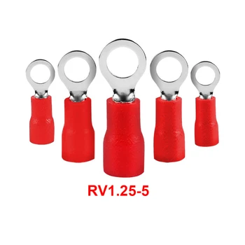 100KS/Bal RV1.25-5 Červená Izolované Prelis S Prstencom Elektrický Kábel Drôt, Rozsah 0.5-1.5mm2