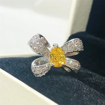 Elegantné Yellow Crystal Kubický Zirkón Šperky Jemné Bowknot Desigm Dámy Prst Prsteň Zásnubný Večierok Kórea Módne Šperky