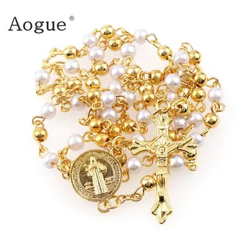 4 mm Katolíckej Ruženec Kovov A Pearl Korálky Náhrdelník Šperky Náboženské Perličiek Blahoslavenej Panny Márie S Ježišom Kríž