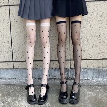 Kawaii Transparentné Sexy Pančuchy Tenké Letné Japonskom Štýle Srdce Tlače Oka Stehna Vysoké Ponožky Nočných Klubov Pantyhose Čierna Biela