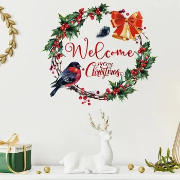 Vianočné Dvere A Okná Pozadí Dekorácie-Nálepky Veselé Vianoce Strom Pobočky Luk Vták Dekorácie-Nálepky