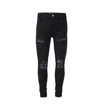 Nové modely 2022 pánske džínsy módne muž čierny patch úsek roztrhané džínsy s otvorom pre mužov high street slim fit džínsové nohavice