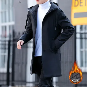 2019 Zimná Bunda mužov s kapucňou Slim kórejský Vetrovka Hombre dlhá Bunda kabát cashmere mens windbreaker Parkas bavlna mládež oblečenie