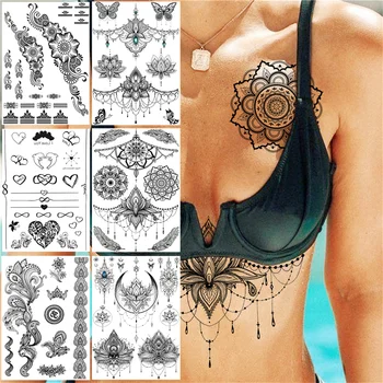 Sexy Black Henna Dočasné Tetovanie Pre Ženy, Dievčatá, Lotosový Kvet Čipky Tetovanie Nálepky Falošný Šperky Mandala Tela Hrudníka Tatoos Papier