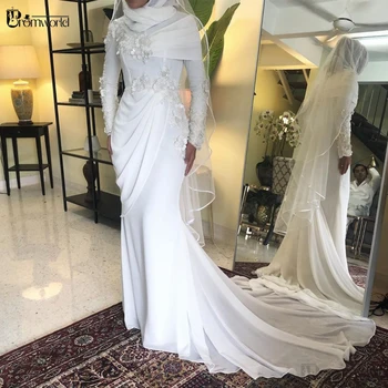 Biela Morská Víla Moslimských Svadobné Šaty 2021 Čipky Kvety Šifón Dlhé Rukávy Hidžáb Svadobné Šaty Svadobné Šaty Šaty, De Mariee