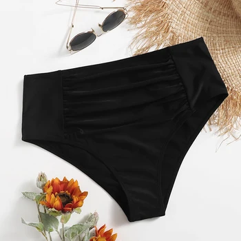 Solid Black Ruched Plus Veľkosť Vysoký Pás Bikini Bottom Pre Ženy je Samostatné Plávanie Nohavičky Krátke 4XL plavky Plavky