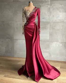 Kiss Šaty Luxusné Arabčina Burgundsko Morská Víla Večerné Šaty 2022 Korálkové Kryštály Úplnej Krku Prom Formálnej Strany Príjem Plášte