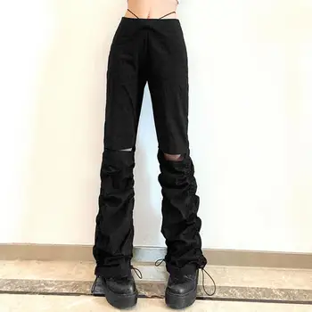 Ženy Nohavice Vysoký Pás Voľné Nohavice Čierne Skladaný Skladaný Duté Von Nohavice Y2K Šnúrkou Nohavice Bežné Ženy Streetwear