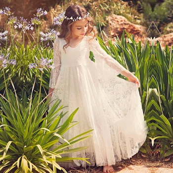Deti Oblečenie Biele Čipky Dievčatá, Celý Rukáv Princezná Šaty Svadobné Fantázie Dievča Šaty pre Veľmi Elegantné Party Oblečenie