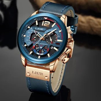 LIGE Príležitostné Športové Hodinky Pre Mužov Blue Top Značky Luxusné Vojenské Kožené Náramkové Hodinky Muž Hodiny Módne Náramkové hodinky Chronograf