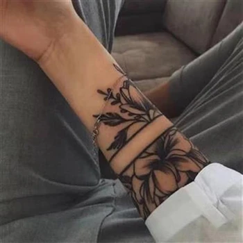 Čierny Kvet Pás Dočasné Tetovanie Samolepky Pre Ženy Body Art Falošné Tattos Nepremokavé Obtlačky Tmavé