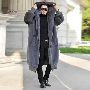 Jeseň župan faux noriek kožušiny, kožená bunda pánske zimné zahustiť teplé kožušiny kožený kabát mužov voľné bundy s kapucňou