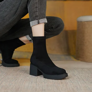 Dámske Čierne Čižmy na Platforme Topánky pre Ženy 2022 Návrhár Luxusných Krátke Robustný Päty Platformu Topánky Topánky Žena Jeseň
