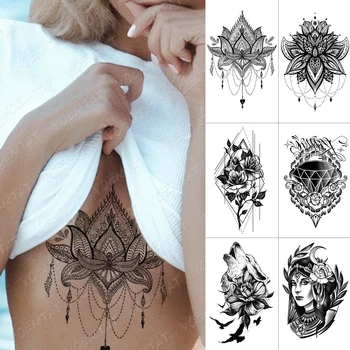 Nepremokavé Dočasné Tetovanie Nálepky Hrudníka Čipky Henna Mandala Flash Tetovanie Vlk Diamond Kvet Body Art Rameno Falošné Tetovanie Ženy Muži