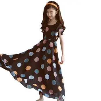 2022 Nové Deti Oblečenie Dot detské Šaty Letné Maxi Dlhý Dospievajúce Dievčatá Šaty Holiday Beach Fashion Šaty 6-16 Rokov