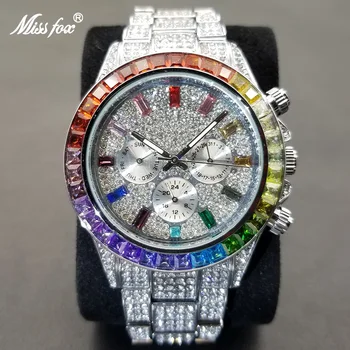 MISSFOX Ľadový Z Mužov Náramkové hodinky Luxusné Jedinečný Rainbow Diamond Hip Hop Hodinky Módne Bling Party Šaty Muž Hodiny Dropshipping