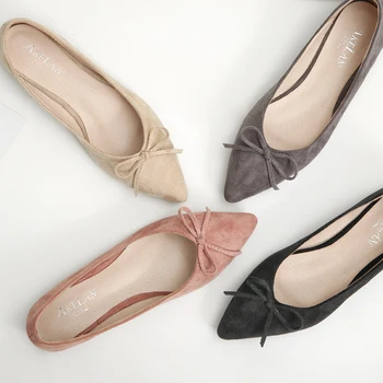 Zapatos Planos De Mujer Mocasines Čierne Špicaté Prst Byty s Bow Topánky pre Ženy 2021 Ružová Šedá Balet Plochý Skladací Byty 33