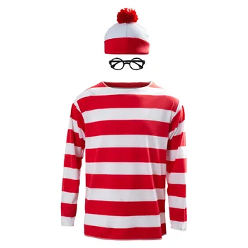 Dospelí Muži, Kde je Waldo Teraz Červeno Biele Prúžky Cosplay Kostým Tričko, Sveter Klobúk, Okuliare Vianoce, Halloween Party Oblek
