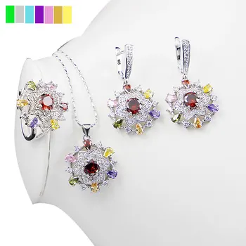Ženy Móda 925 Silver Svadobné Šperky Sady Multicolor AAA Sapphire Topaz, Granát, Náhrdelníky Náušnice, Prsteň