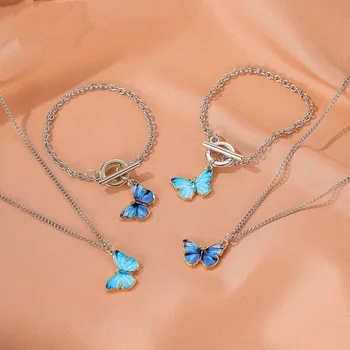 Modrý Fialový Motýľ Náhrdelník pre Ženy Trendy Jednoduchý Prívesok Visieť Clavicle Reťazca Kovové Náhrdelníky, Náramky, Šperky, Darčeky
